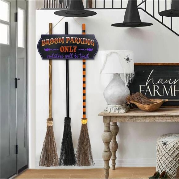 Halloween Decorations - Halloween Decor - Broom Parking Sign with 3 Wooden - Picture 3 of 7